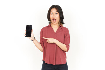 Naklejka premium Showing and Presenting Apps or Ads On Blank Screen Smartphone Of Beautiful Asian Woman