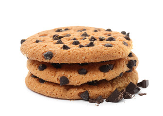 Stack of tasty chocolate chip cookies on white background
