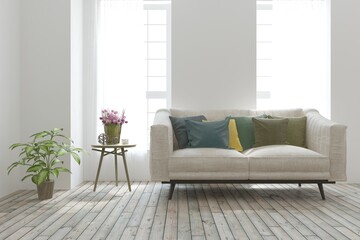 Fototapeta premium Modern living room in white color with sofa. Scandinavian interior design. 3D illustration
