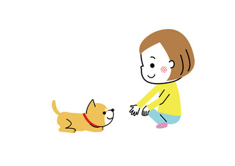 女の子とフセをする柴犬