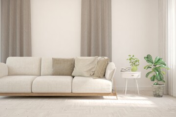 White living room with sofa. Scandinavian interior design. 3D illustration