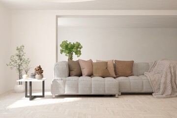 White living room with sofa. Scandinavian interior design. 3D illustration