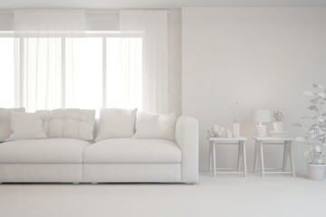 Mock up of minimalist living room in white color with sofa. Scandinavian interior design. 3D illustration