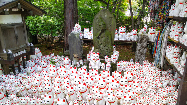 Hundreds of Maneki Neko are adorned along the paths in Gotokuji Temple, Setagaya ward, Japan	