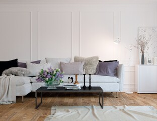 Beautiful classic living room with wite sofa, black table and decorated wall. Classic interior design. 3D illustration