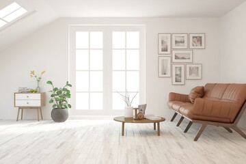 White living room with sofa. Scandinavian interior design. 3D illustration