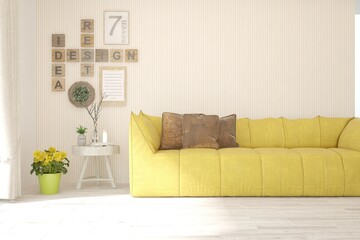 White living room with sofa. Scandinavian interior design. 3D illustration