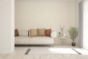 White living room with sofa. Scandinavian interior design. 3D illustration