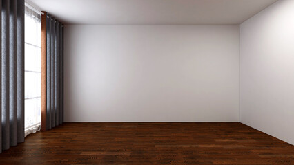 Empty room with white wall, dark parquet floor, wide panoramic window, gray curtain . 3d illustration.