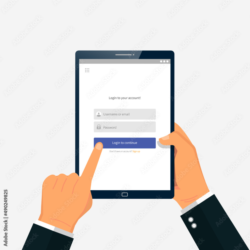 Poster online registration and sign up, account authentication concept. man using login interface on tablet