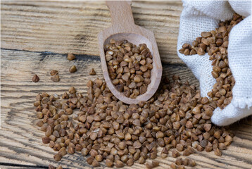 Buckwheat in a wooden spoon and in a canvas bag on the table.