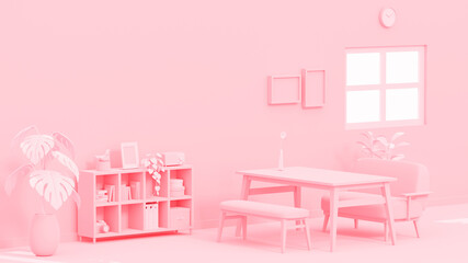 3Dイラストレーションで構成されたピンク色のリビングルームのイメージ。