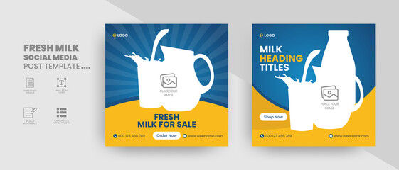 Fresh milk product sale social media banner or Instagram post design and web banner bundle template
