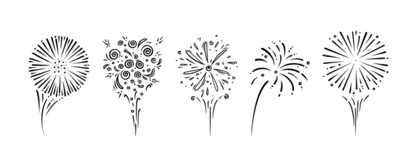 Doodle firework set. Shiny foreworks for parties and celebrations. Outline vector illustration isolated in white background