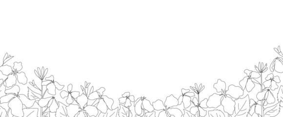 春の草花が咲いている白黒風景線画イラスト　横長のバナーデザイン