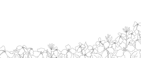 春の草花が咲いている白黒風景線画イラスト　横長のバナーデザイン