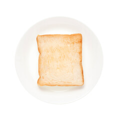 Slices toast bread in dish on white background