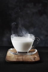 Glass of milk on wooden tray on rustic background