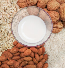 glass of vegetable drink, nuts, rice, almonds, oatmeal. vegetable milk. Various lactose-free dairy products,