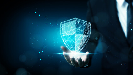 Protection network cyber security computer and safe your data concept, Businessman holding shield...