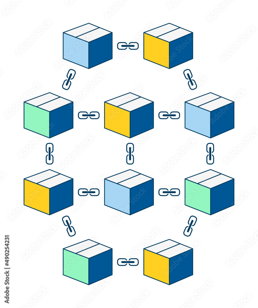 Poster Connected blockchain cryptocurrency 
technology design template. Digital smart contract contain cryptography hash, transaction data, linked network. 