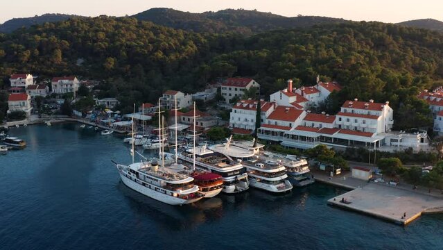 Port At Pomena Village At Mljet National Park In Croatia - aerial drone shot