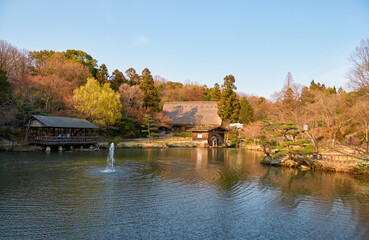 Fototapeta na wymiar Watermill on the Okuike pond shore in Higashiyama Zoo and Botanical Garden. Nagoya. Japan