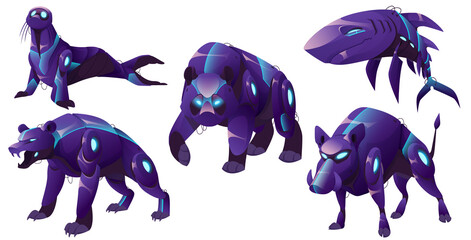 Animal robots, cyborgs seal, panda and grizzly bears, shark and wild boar. Cartoon robotics animalistic machine characters with glowing eyes and wires, mechanical and electronic personages, Vector set