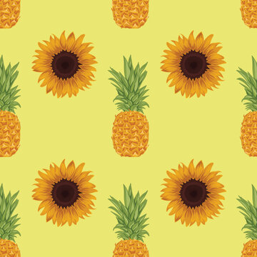 pineapple and flowers drawing seamless design 