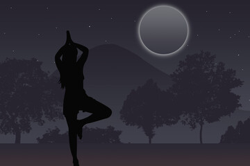 silhouette of a girl in the night, the forest in the mountains