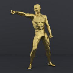 Fototapeta na wymiar 3D Render : Portrait of golden texture male character acting, posing his body with common daily gesture