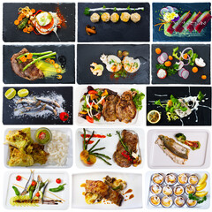 Collage of meals from different cuisines on rectangular plates isolated on white background