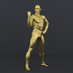 Fototapeta na wymiar 3D Render : Portrait of golden texture male character acting, posing his body with common daily gesture