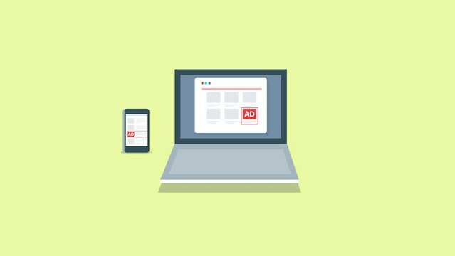 Native advertising on desktop and mobile screen. Paid media ads, sponsored content improve user experience, online communication marketing, media buying concept. 2d animation 4k video clip.