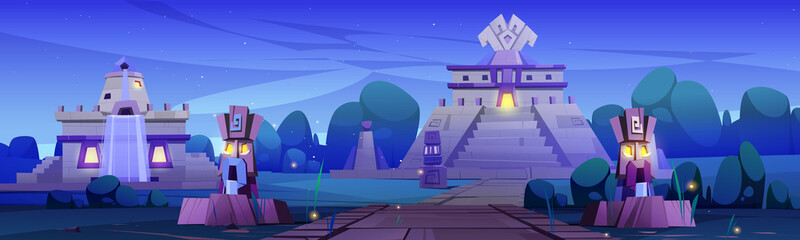 Ancient aztec village with temple, statues and stone buildings at night. Vector cartoon illustration of summer landscape with tropical forest and pyramid of mesoamerican mayan civilization