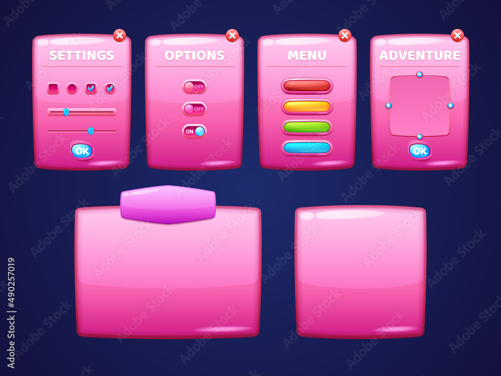 Poster glossy pink boards with buttons for game interface design. vector cartoon set of shiny plastic ui el
