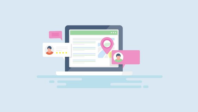 Local SEO, search business location, customer review and rating on Internet. 2d animation 4k video clip. Digital marketing and communication technology. 