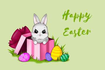 Cute Easter bunny, rabbit sitting in a large gift box, colored Easter eggs on green grass, happy spring, a holiday card hand-drawn in cartoon style, isolated on a white background.