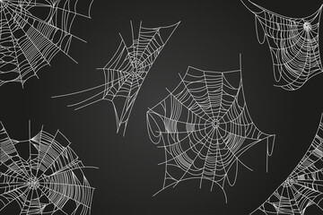 Spider web parts isolated on black background. Scary cobweb outline decor. Vector design elements for Halloween, horror, ghost or monster party, invitation and posters.
