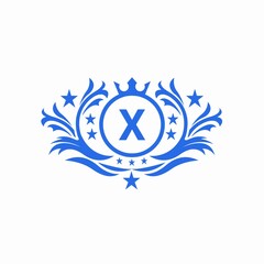 Luxury logo. Alphabet x logo design with luxury logo shape. Luxury x letter logo design. Blue color. Modern and stylish logo. X letter. X logo. X alphabet. Star symbol. Logo shape. Sign. Crown icon. 