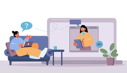 Online therapy session with psychologist. Concept of virtual professional mental health care. Vector flat illustration of psychotherapist counseling anxiety woman by video call.