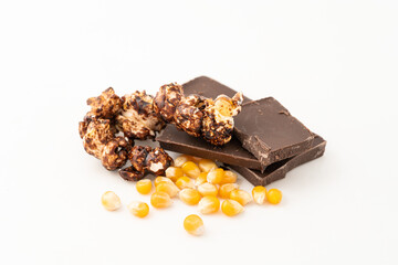 Chocolate caramel popcorn on a solid background
