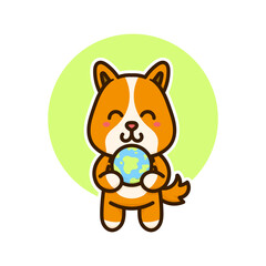 happy dog cute and earth planet adorable cartoon doodle vector illustration flat design style