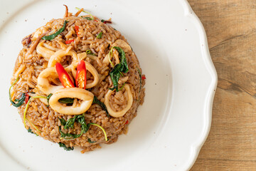 fried rice with squid and basil in Thai style