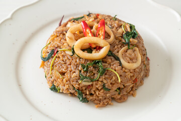 fried rice with squid and basil in Thai style