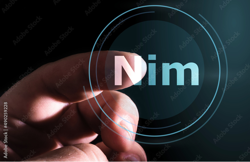 Aufkleber hand pressing nim button on virtual screen. nim programming language.