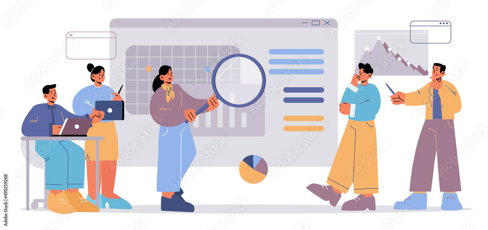 Poster team of people work with seo analytic data. concept of business analysis of search engine optimizati