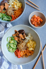 Homemade Korean cuisine. Korean Mixed Vegetables Stir Fry Glass Noodle. Healthy light meal for weight watcher or on diet.