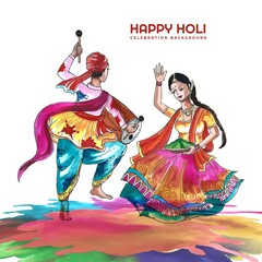  Beautiful couple playing festival of colors happy holi colorful background