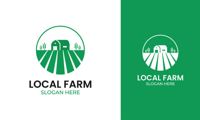 Farm logo design with barn, field, and plant vector illustration